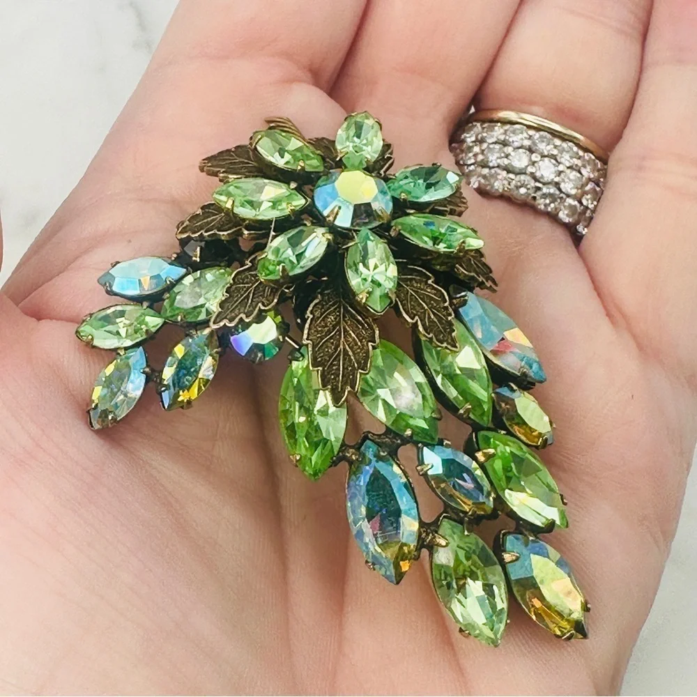 Vintage Signed Regency Brooch Pin Green Blue AB Navette Rhinestone Rare 50s 60s